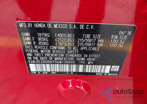 2016 Honda Hr-V Ex-L z USA, uszkodzony, nr VIN 3CZRU5H75GM738890